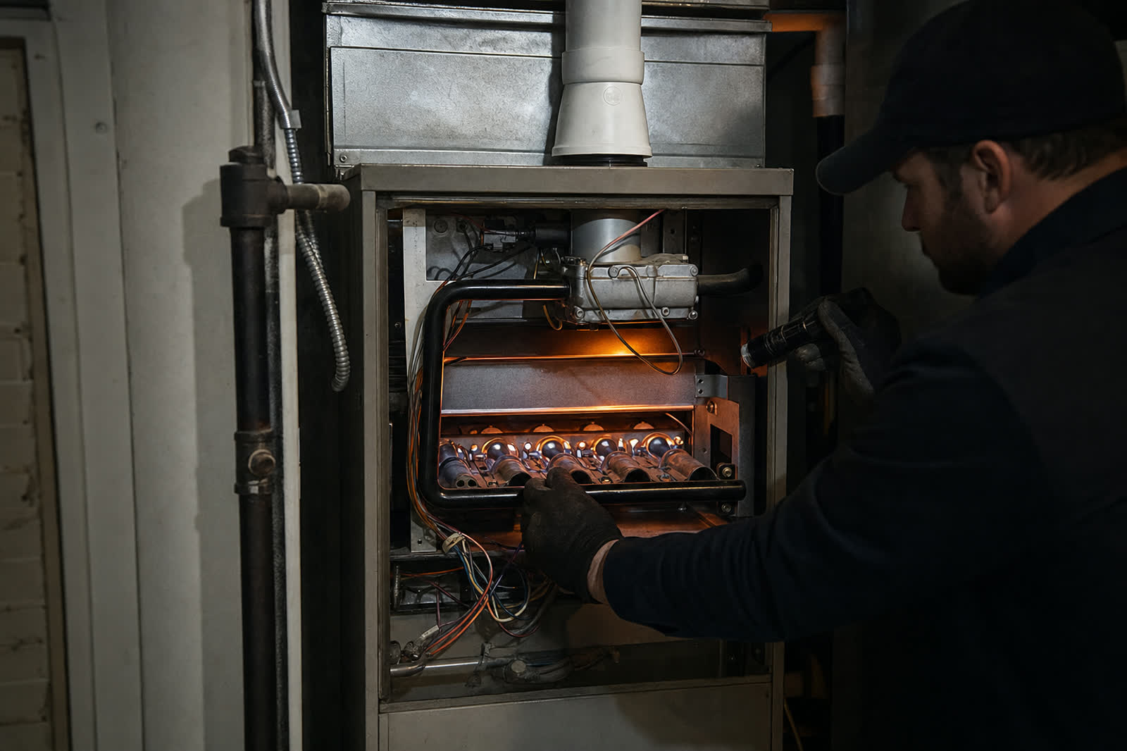 Technician inspecting the burner assembly of an open residential gas furnace with a flashlight