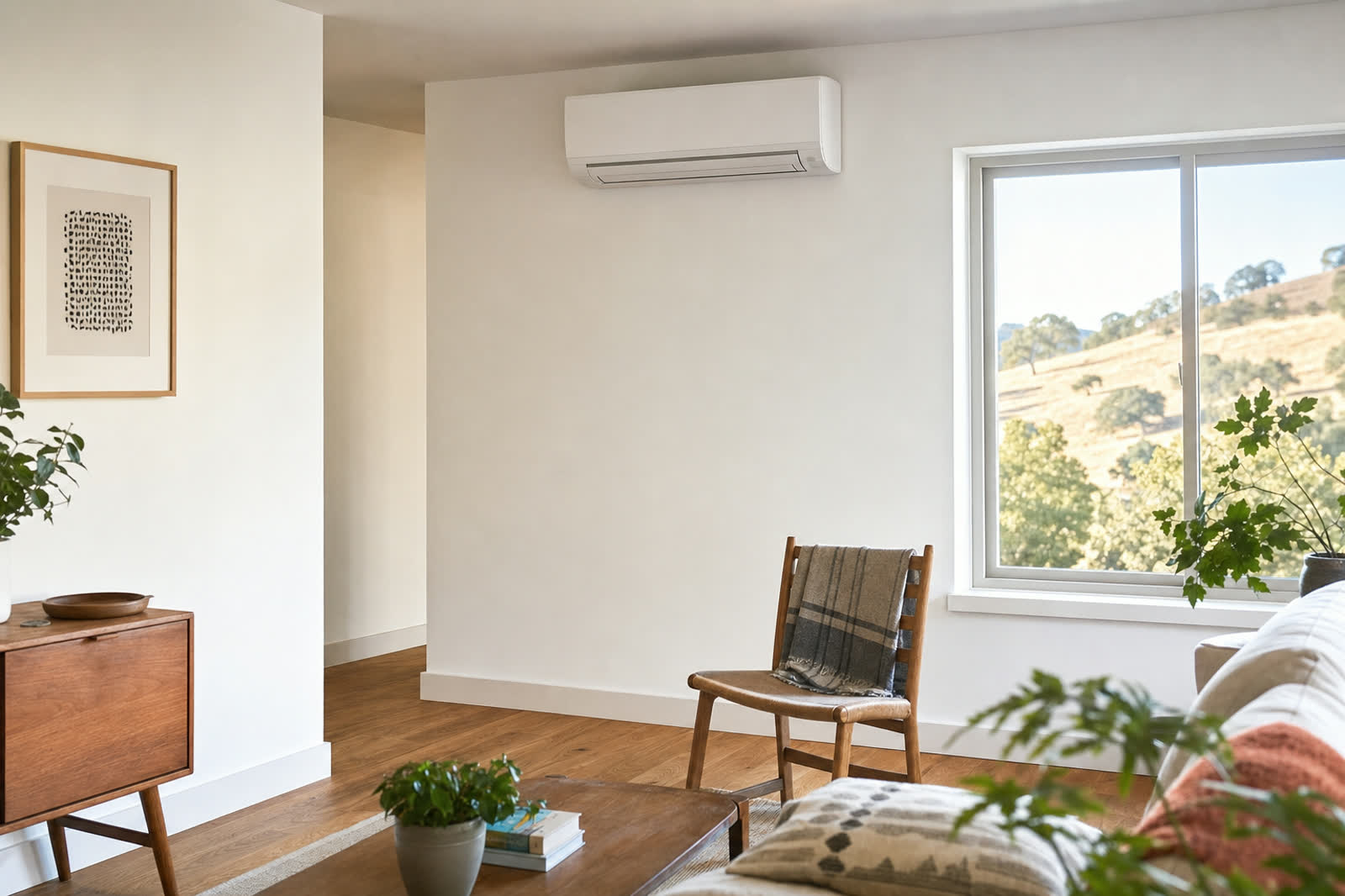 Wall-mounted ductless mini-split head installed high on the wall of a bright Rogue Valley living room